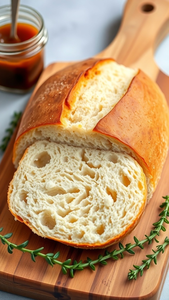 A golden-brown sourdough bread loaf on a wooden board, surrounded by herbs and jam.